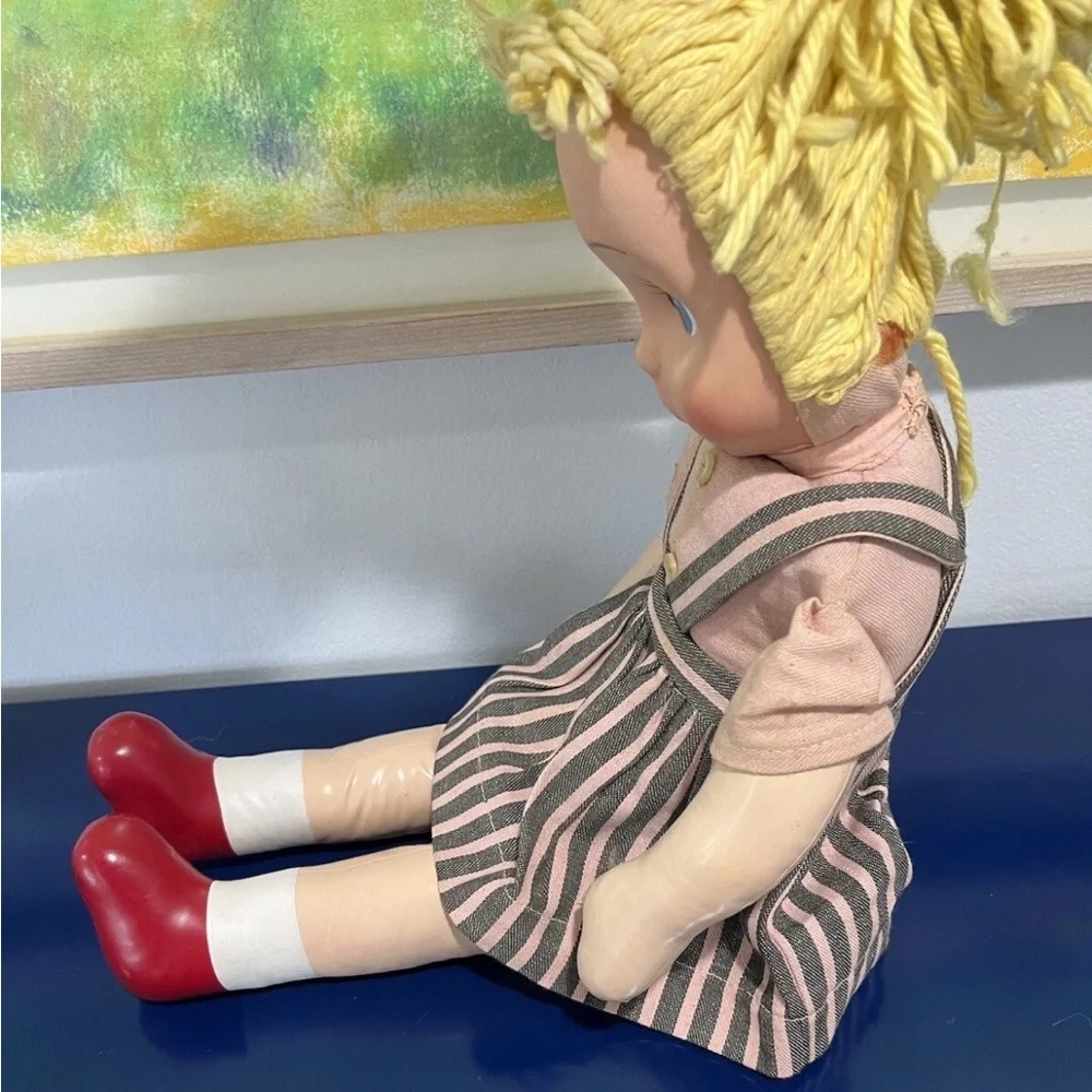 Carnival Plastic Face Cloth Fabric Doll Blonde Yarn Braid Blue Eyes Vintage 60s